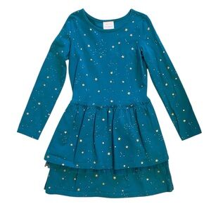 Hanna Andersson Teal Blue Dress Gold Stars and Tiered Skirt with Tulle size 8